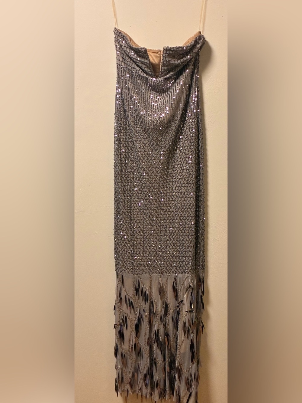 Fashion Nova Strapless Silver Sequin Fringe Evening Gown